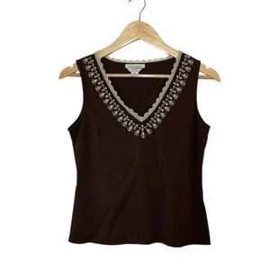 Casual Corner 2010s Embroidered Brown Sleeveless Top, Small